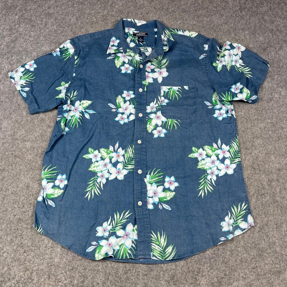 Lands End Mens Linen Shirt Blue Floral Short Sleeve Button Down Tropical